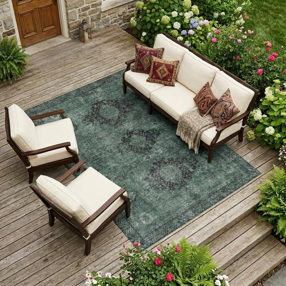10' X 14' Mint Green And Green Oriental Washable Indoor Outdoor Area Rug HomeRoots