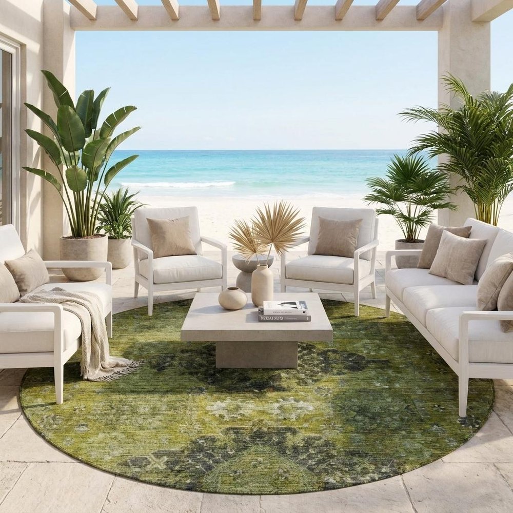 8' Olive Green And Green Round Oriental Washable Indoor Outdoor Area Rug — view 6