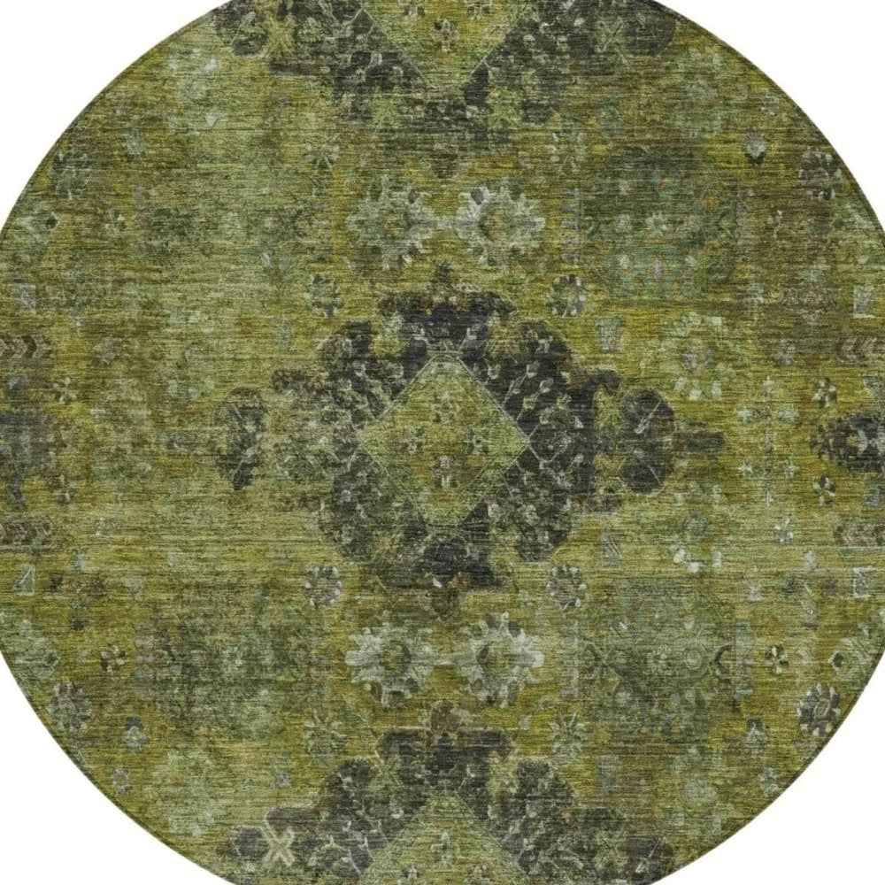 8' Olive Green And Green Round Oriental Washable Indoor Outdoor Area Rug — view 7