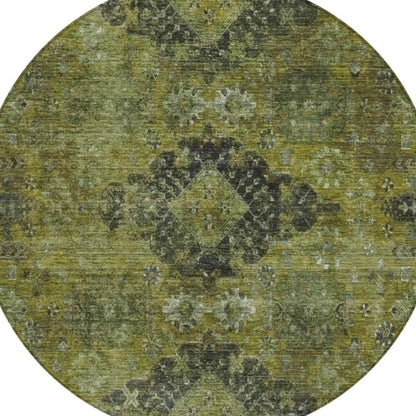 8' Olive Green And Green Round Oriental Washable Indoor Outdoor Area Rug