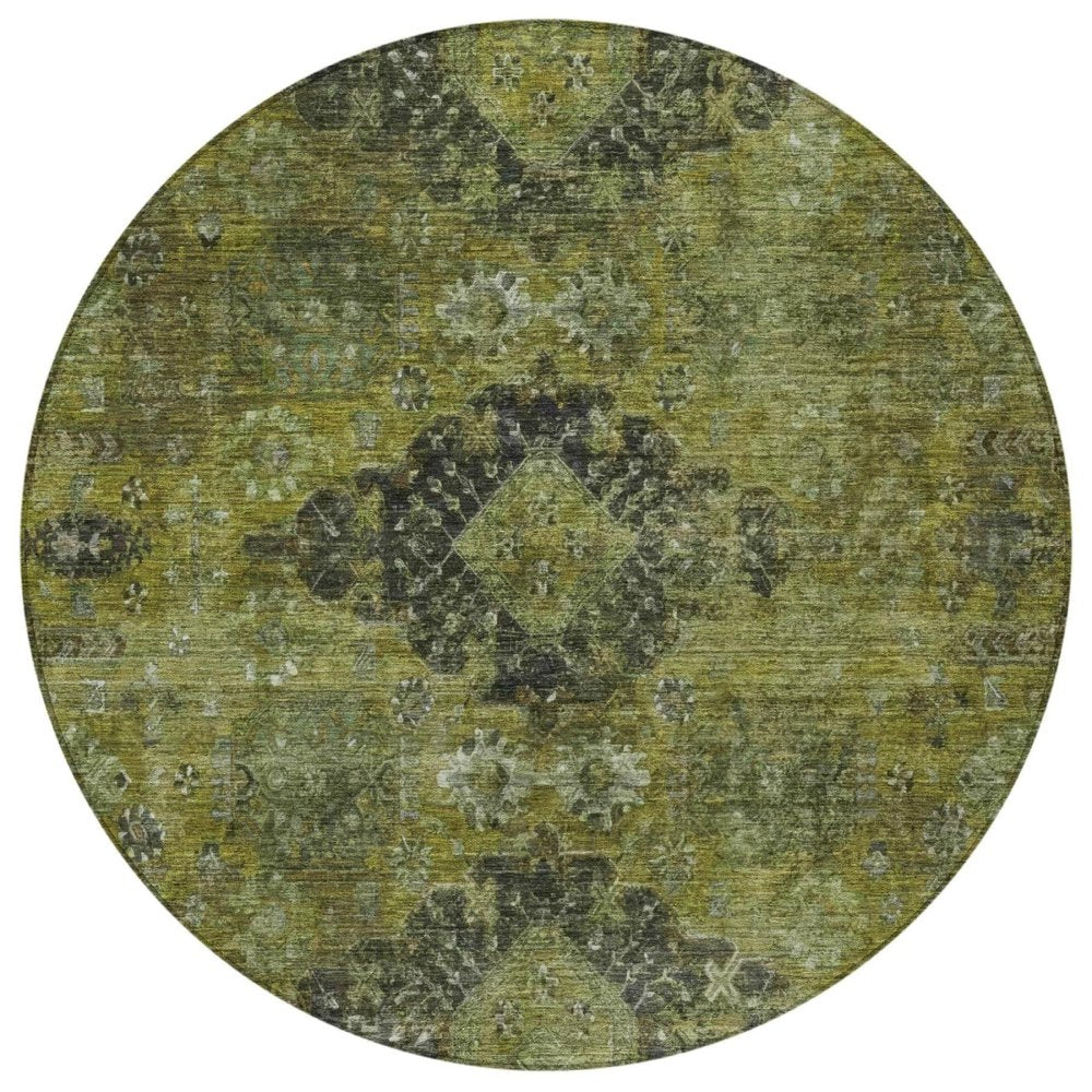 8' Olive Green And Green Round Oriental Washable Indoor Outdoor Area Rug — view 8