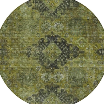 8' Olive Green And Green Round Oriental Washable Indoor Outdoor Area Rug