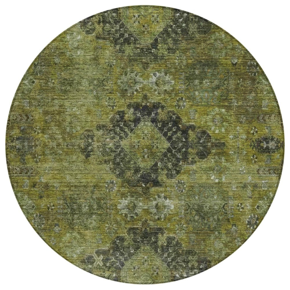 8' Olive Green And Green Round Oriental Washable Indoor Outdoor Area Rug — view 1