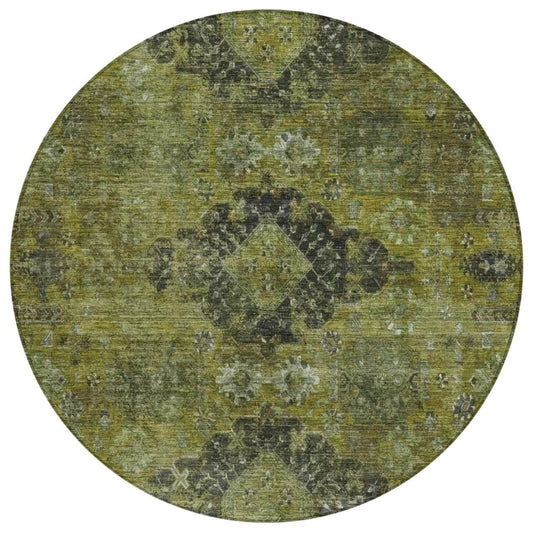 8' Olive Green And Green Round Oriental Washable Indoor Outdoor Area Rug