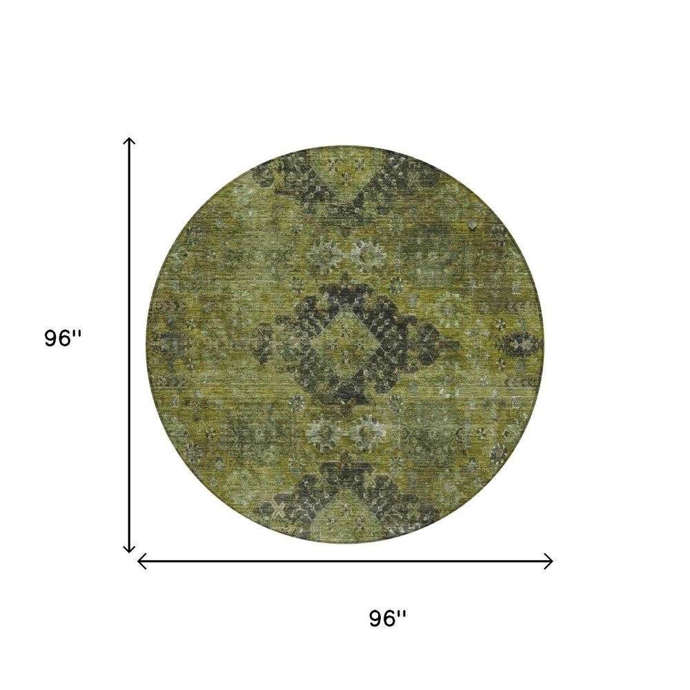 8' Olive Green And Green Round Oriental Washable Indoor Outdoor Area Rug — view 4