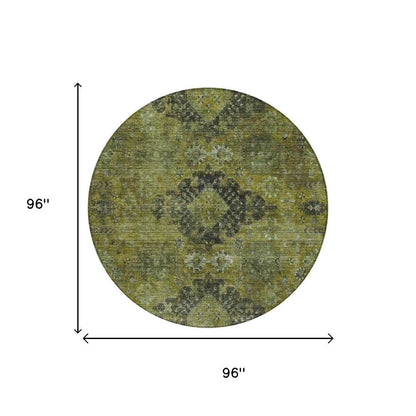 8' Olive Green And Green Round Oriental Washable Indoor Outdoor Area Rug
