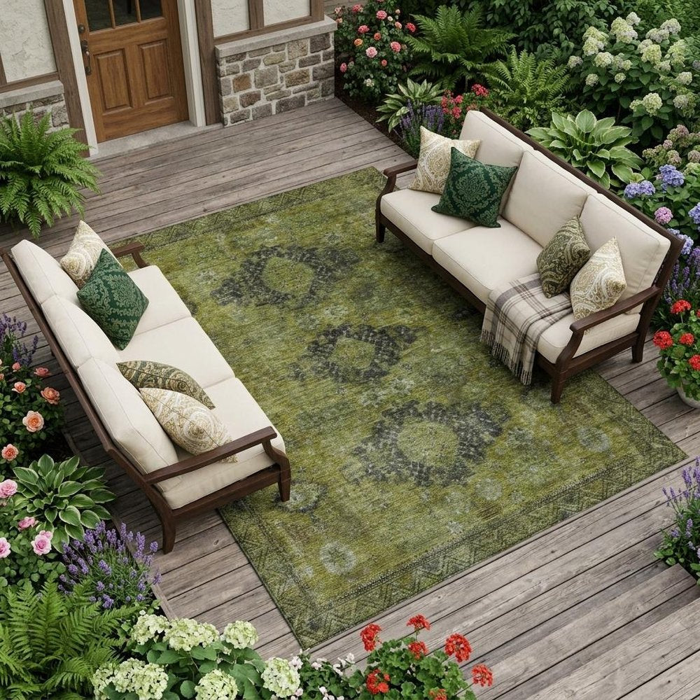 8' X 10' Olive Green And Green Oriental Washable Indoor Outdoor Area Rug — view 5