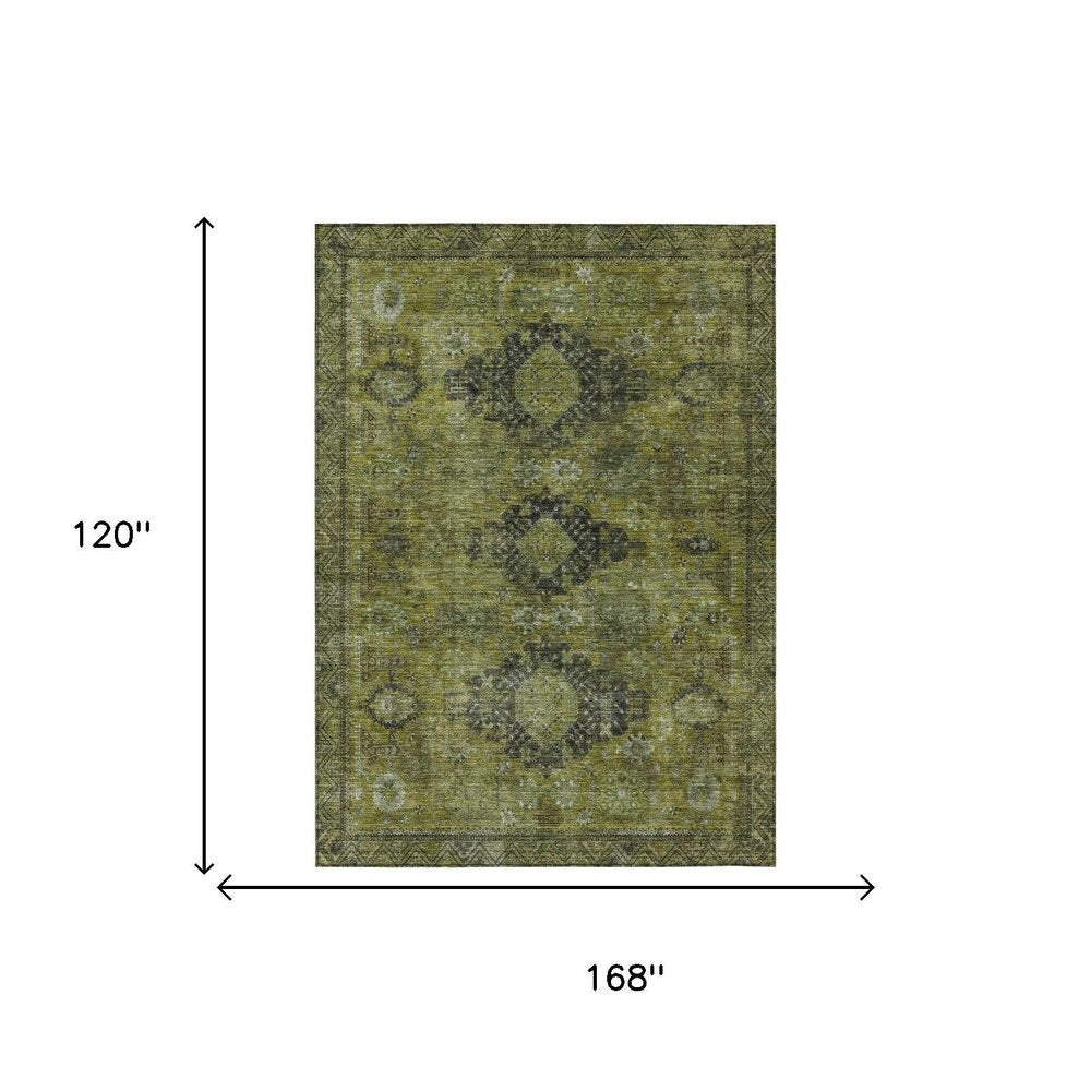 10' X 14' Olive Green And Green Oriental Washable Indoor Outdoor Area Rug HomeRoots