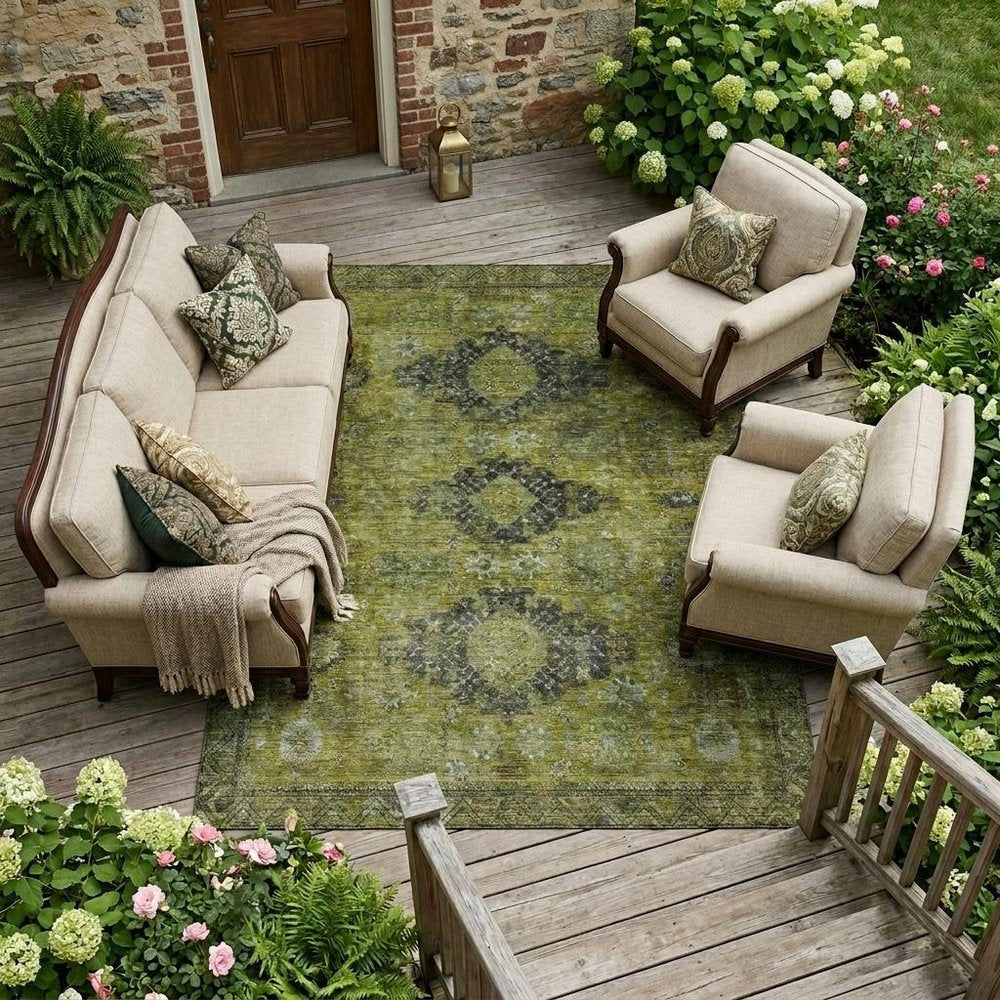 10' X 14' Olive Green And Green Oriental Washable Indoor Outdoor Area Rug HomeRoots