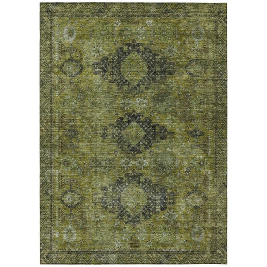 10' X 14' Olive Green And Green Oriental Washable Indoor Outdoor Area Rug