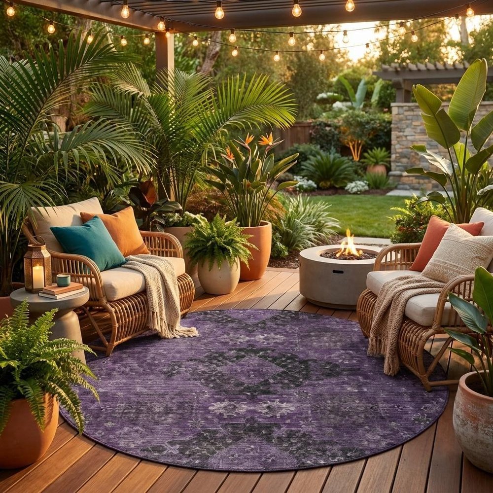 8' Plum And Purple Round Oriental Washable Indoor Outdoor Area Rug HomeRoots