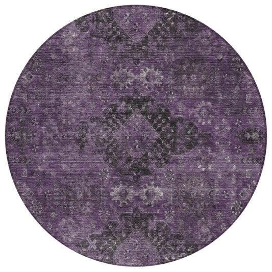 8' Plum And Purple Round Oriental Washable Indoor Outdoor Area Rug