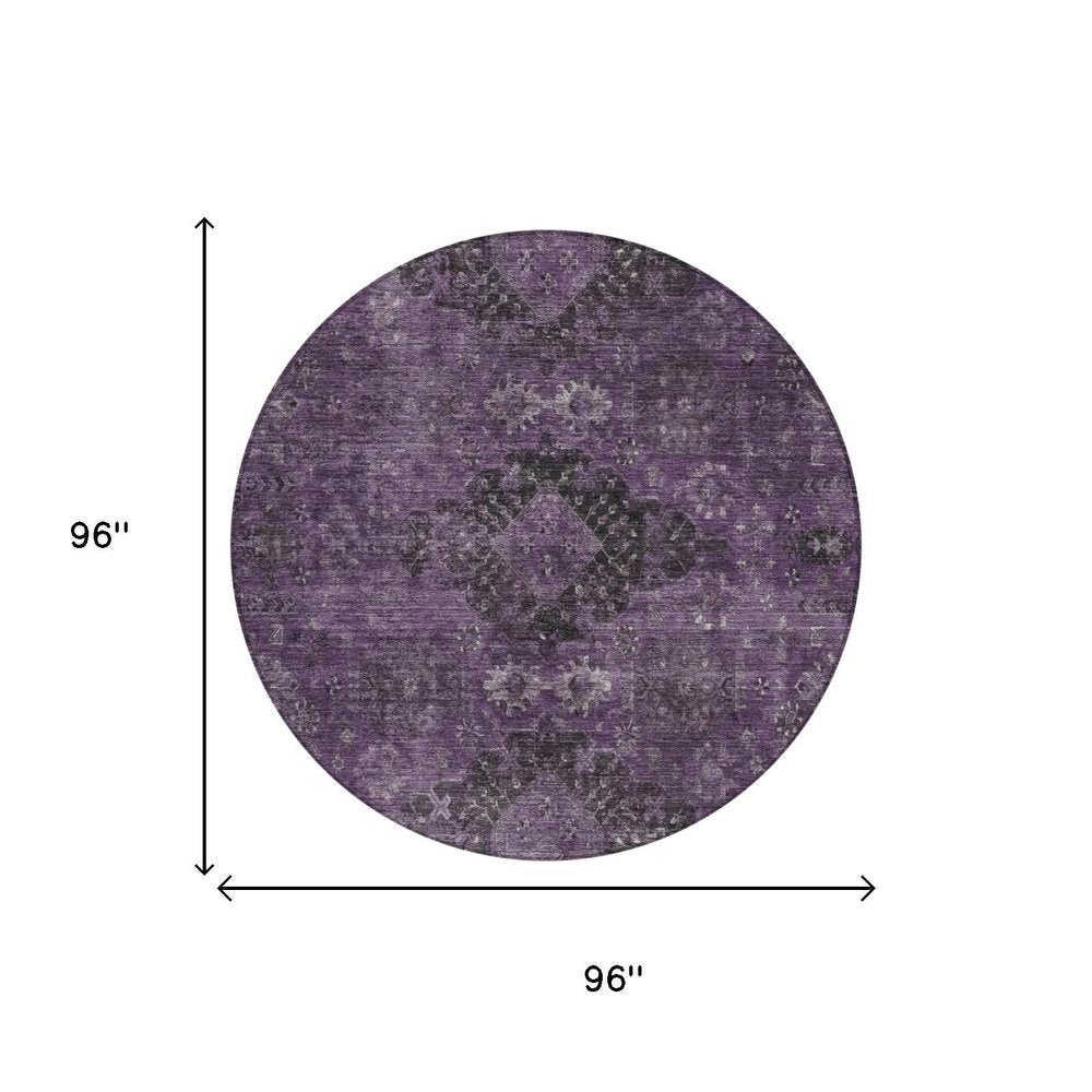 8' Plum And Purple Round Oriental Washable Indoor Outdoor Area Rug — view 4