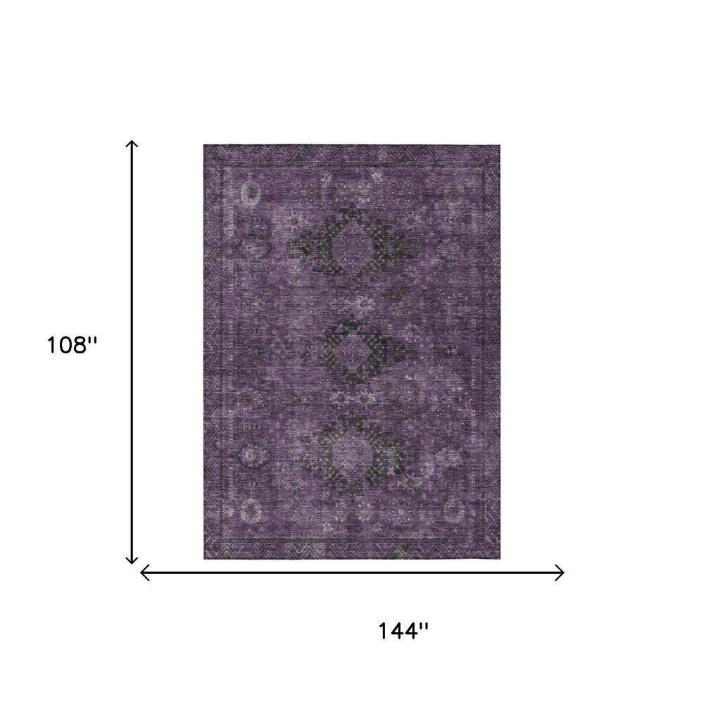 9' X 12' Plum And Purple Oriental Washable Indoor Outdoor Area Rug