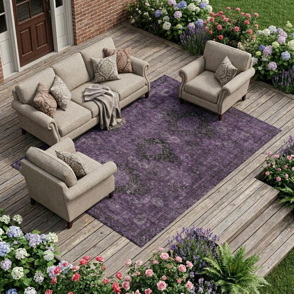 9' X 12' Plum And Purple Oriental Washable Indoor Outdoor Area Rug — view 5