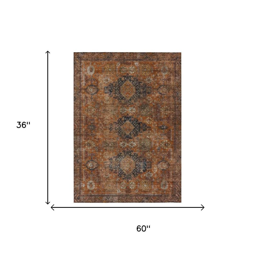 3' X 5' Rust And Orange Oriental Washable Indoor Outdoor Area Rug HomeRoots