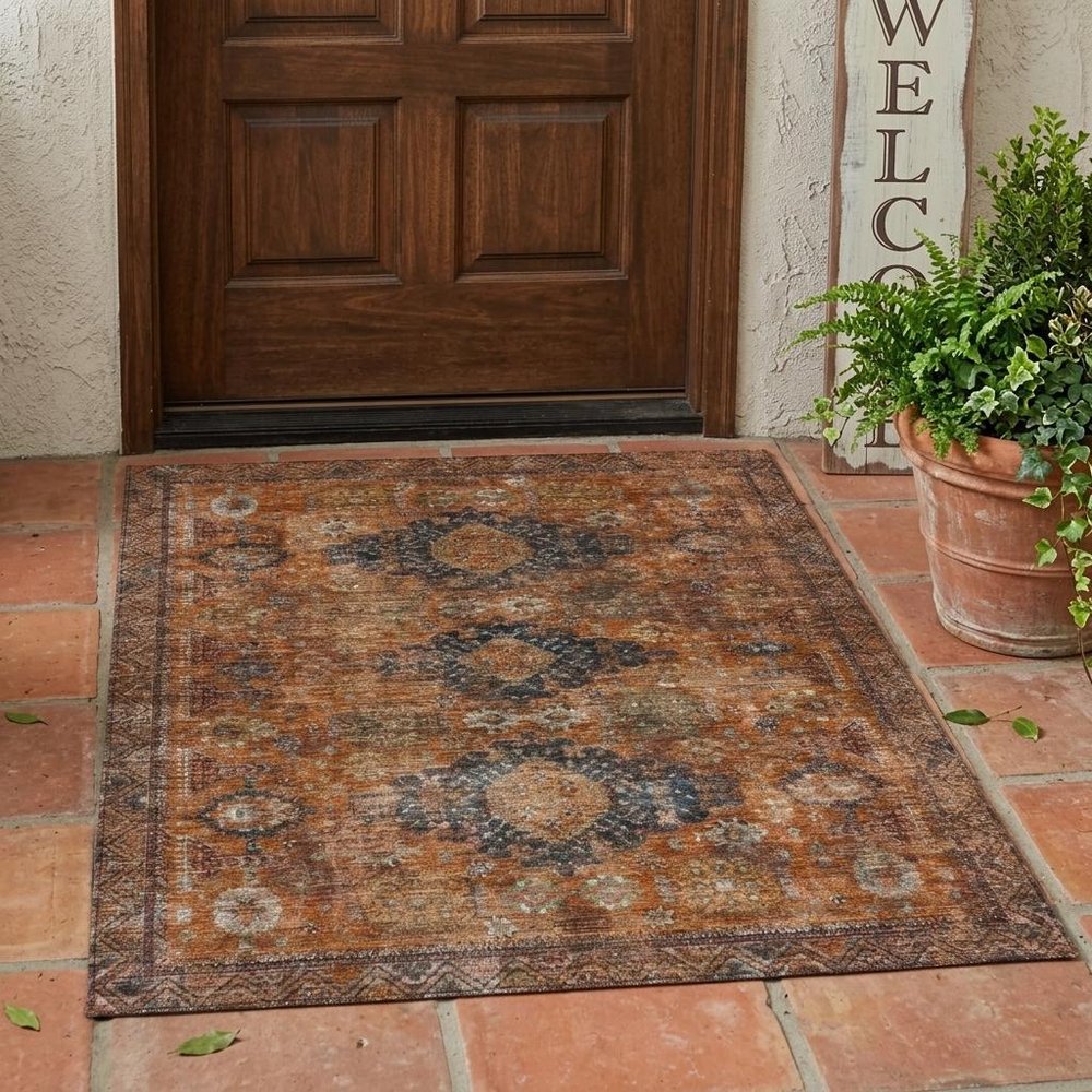 3' X 5' Rust And Orange Oriental Washable Indoor Outdoor Area Rug — view 5