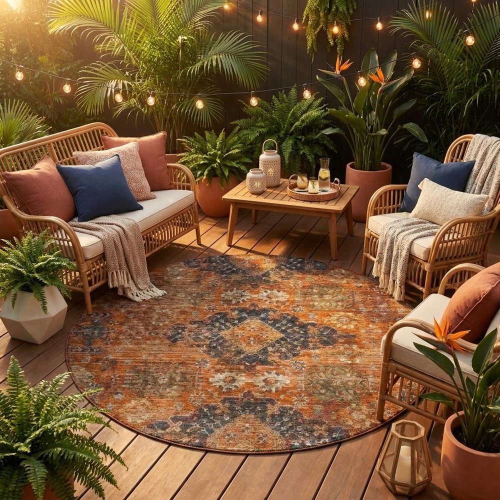 8' Rust And Orange Round Oriental Washable Indoor Outdoor Area Rug — view 5