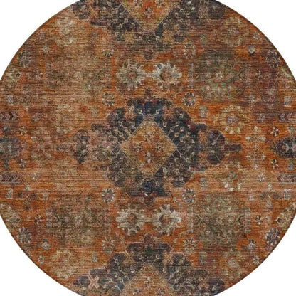 8' Rust And Orange Round Oriental Washable Indoor Outdoor Area Rug