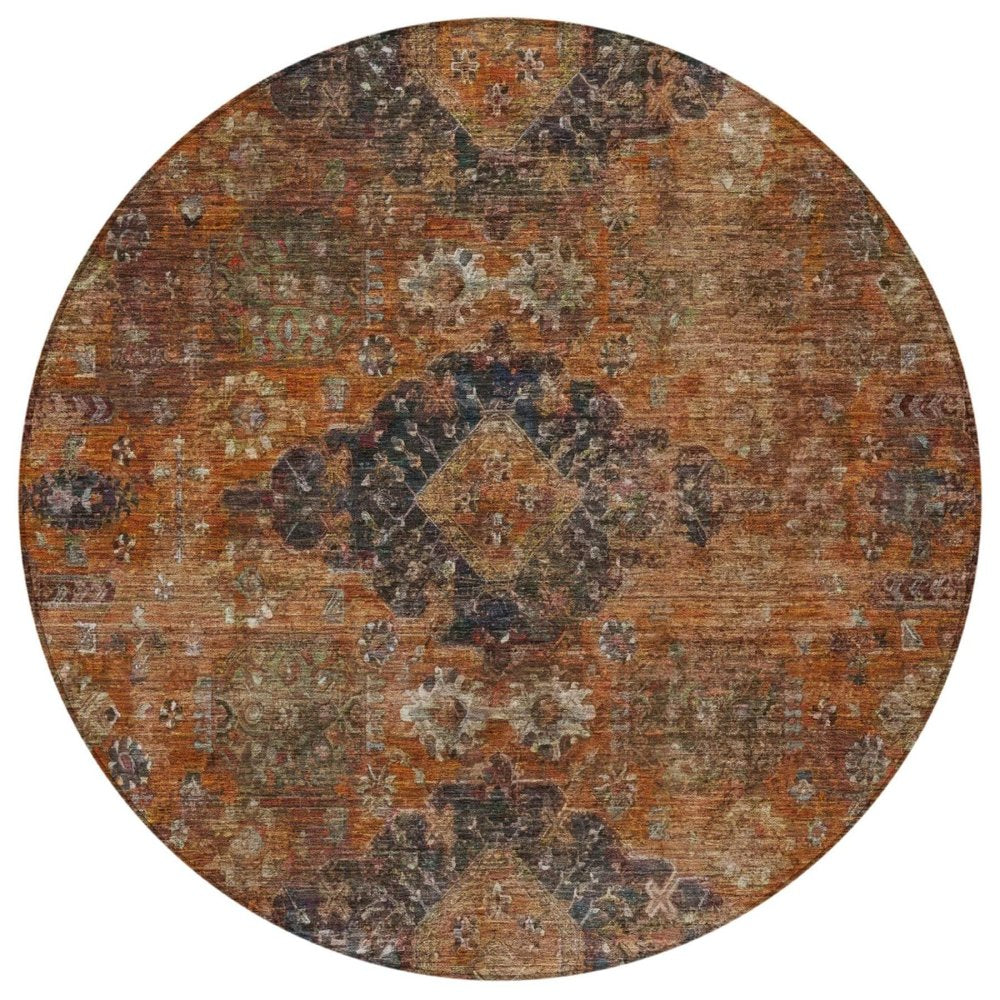 8' Rust And Orange Round Oriental Washable Indoor Outdoor Area Rug — view 7
