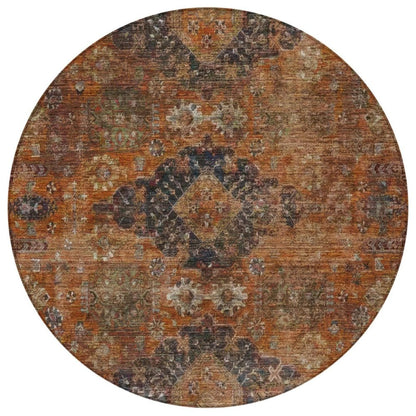 8' Rust And Orange Round Oriental Washable Indoor Outdoor Area Rug