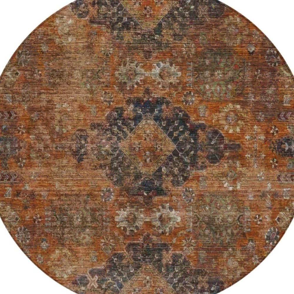 8' Rust And Orange Round Oriental Washable Indoor Outdoor Area Rug