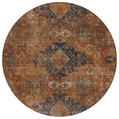 8' Rust And Orange Round Oriental Washable Indoor Outdoor Area Rug