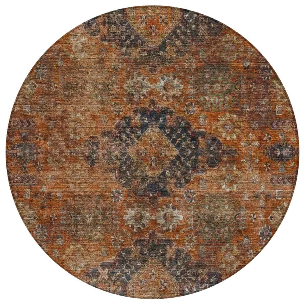 8' Rust And Orange Round Oriental Washable Indoor Outdoor Area Rug HomeRoots