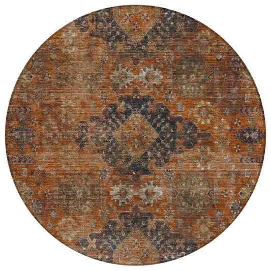 8' Rust And Orange Round Oriental Washable Indoor Outdoor Area Rug