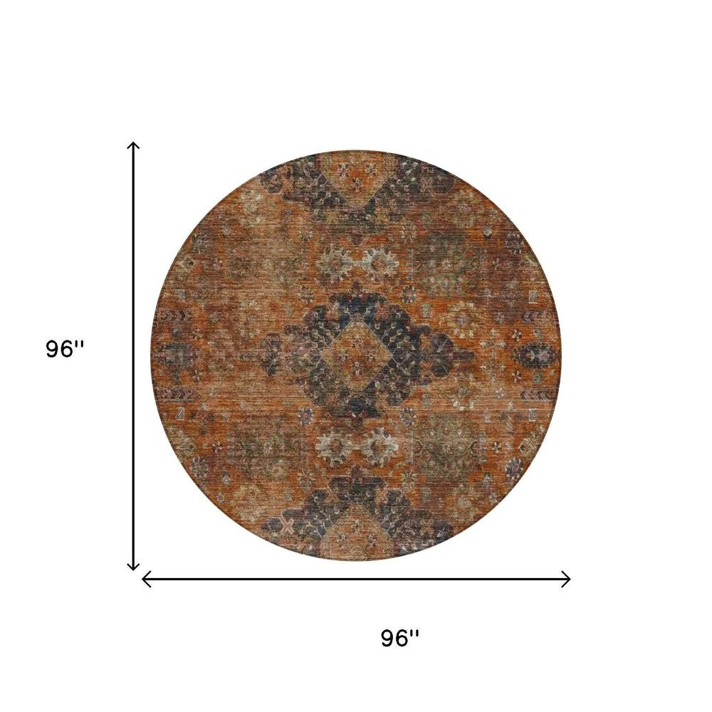 8' Rust And Orange Round Oriental Washable Indoor Outdoor Area Rug — view 4