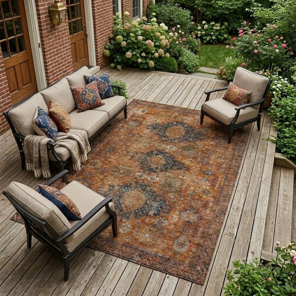 8' X 10' Rust And Orange Oriental Washable Indoor Outdoor Area Rug