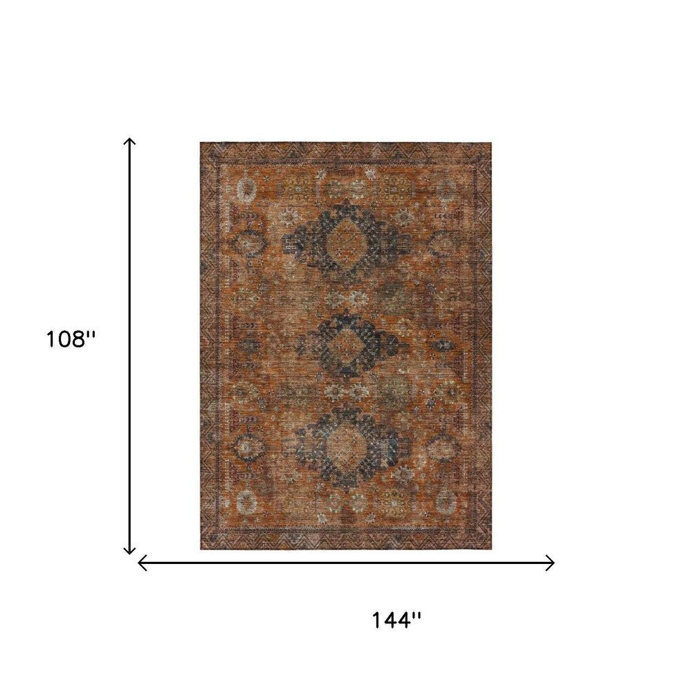9' X 12' Rust And Orange Oriental Washable Indoor Outdoor Area Rug — view 4