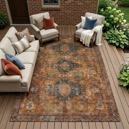 9' X 12' Rust And Orange Oriental Washable Indoor Outdoor Area Rug HomeRoots