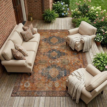 10' X 14' Rust And Orange Oriental Washable Indoor Outdoor Area Rug HomeRoots