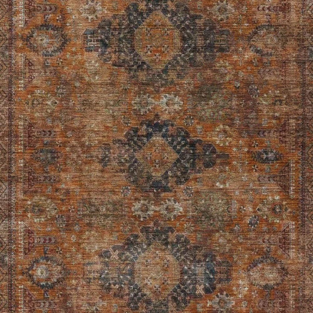 10' X 14' Rust And Orange Oriental Washable Indoor Outdoor Area Rug