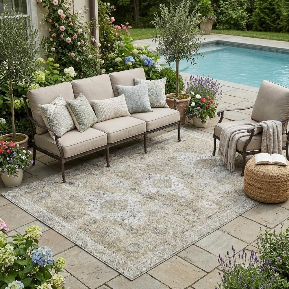 5' X 8' Beige And Brown Oriental Washable Indoor Outdoor Area Rug — view 5