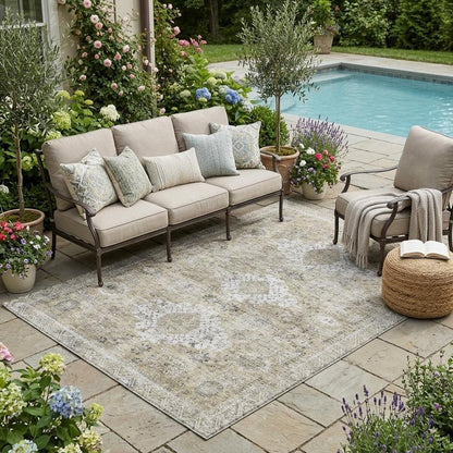 5' X 8' Beige And Brown Oriental Washable Indoor Outdoor Area Rug HomeRoots