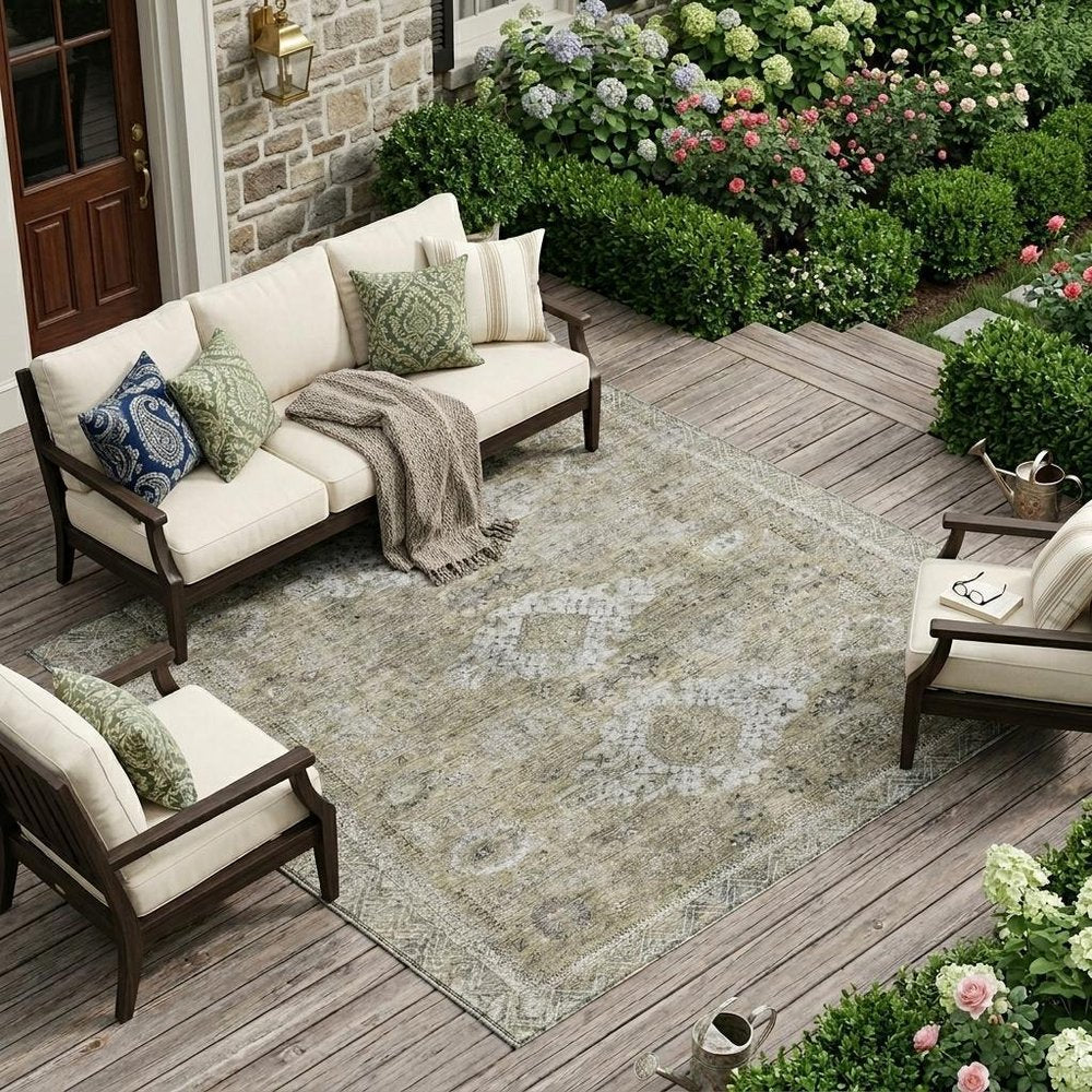 9' X 12' Beige And Brown Oriental Washable Indoor Outdoor Area Rug — view 5