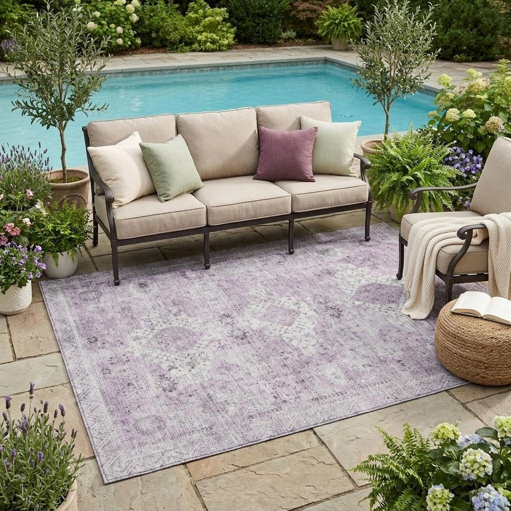 5' X 8' Lilac And Purple Oriental Washable Indoor Outdoor Area Rug — view 5