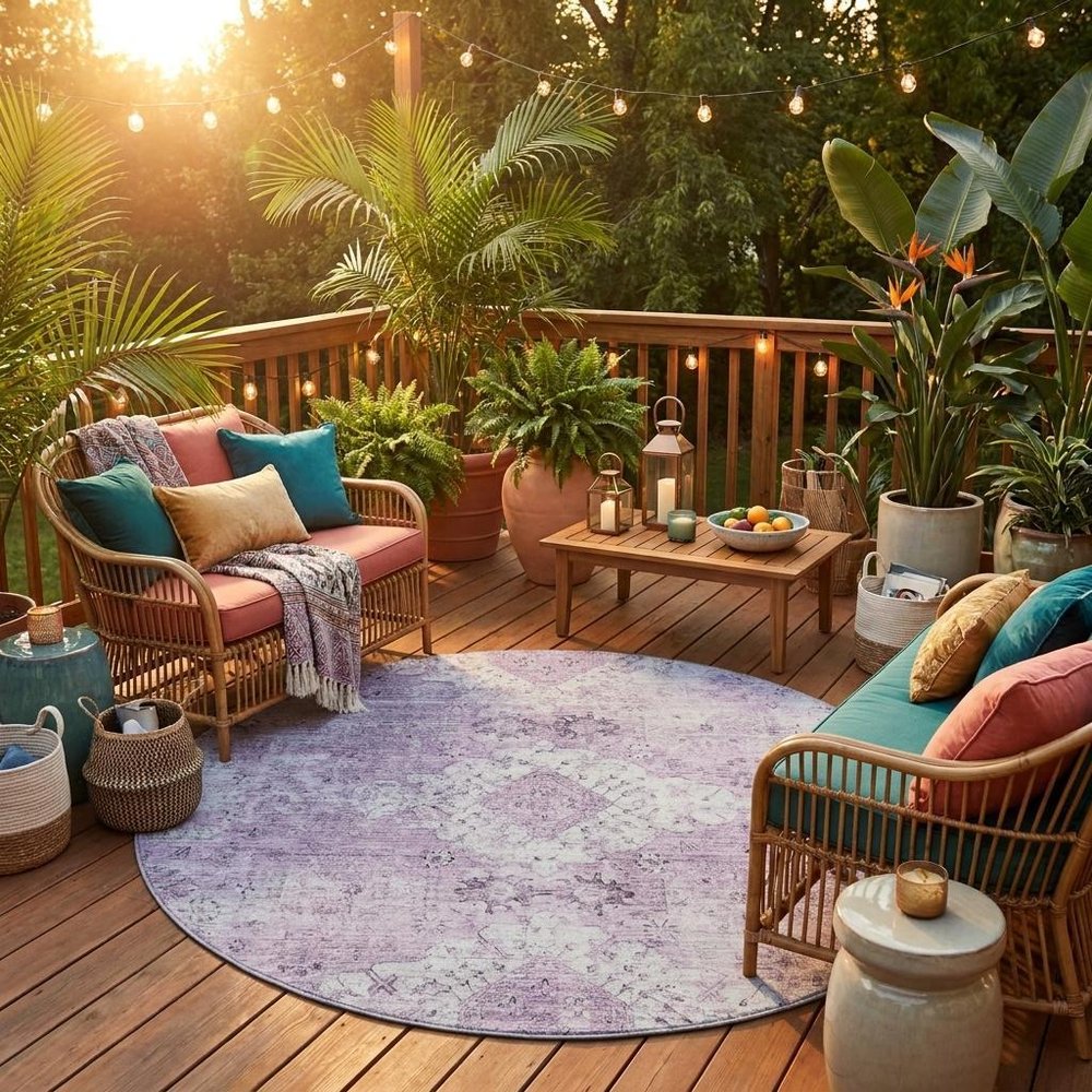 8' Lilac And Purple Round Oriental Washable Indoor Outdoor Area Rug HomeRoots