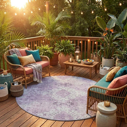 8' Lilac And Purple Round Oriental Washable Indoor Outdoor Area Rug HomeRoots