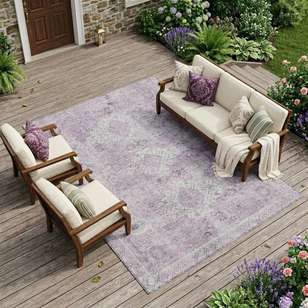 9' X 12' Lilac And Purple Oriental Washable Indoor Outdoor Area Rug — view 5