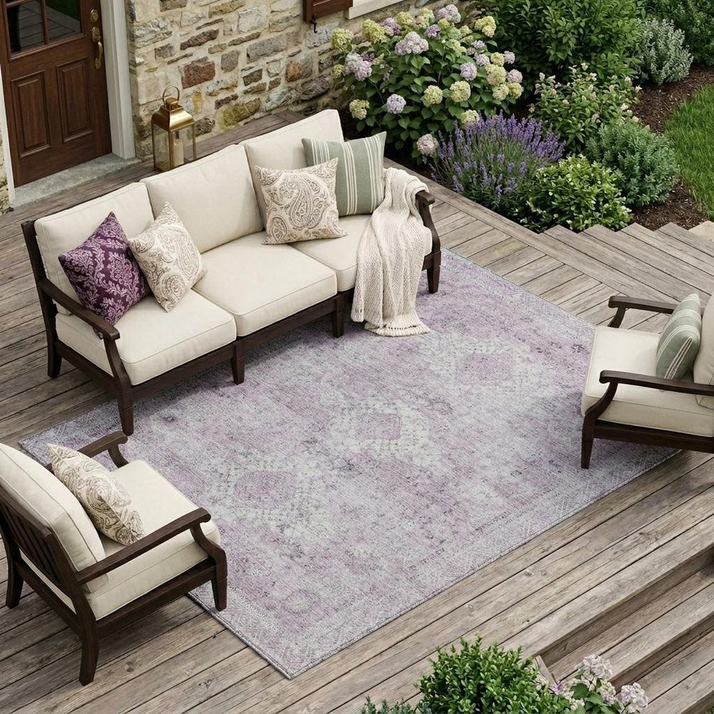 10' X 14' Lilac And Purple Oriental Washable Indoor Outdoor Area Rug — view 5
