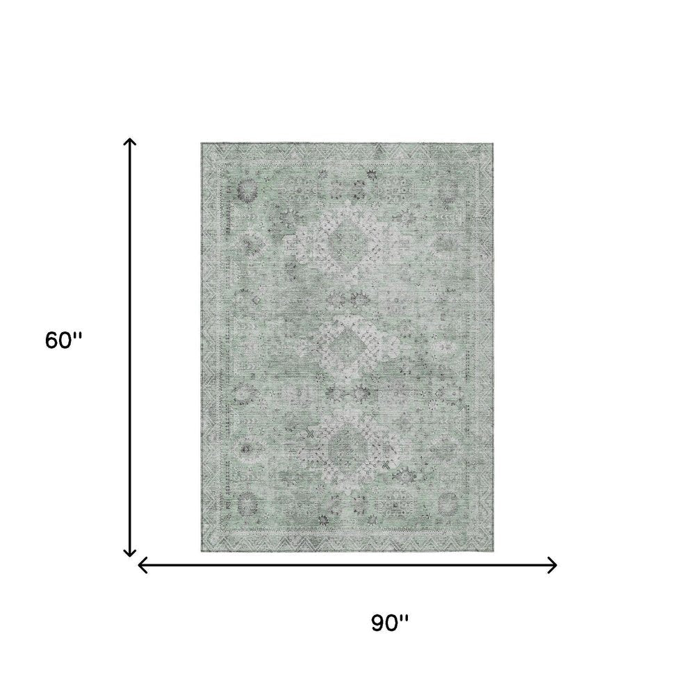 5' X 8' Mint Green And Green Oriental Washable Indoor Outdoor Area Rug — view 5