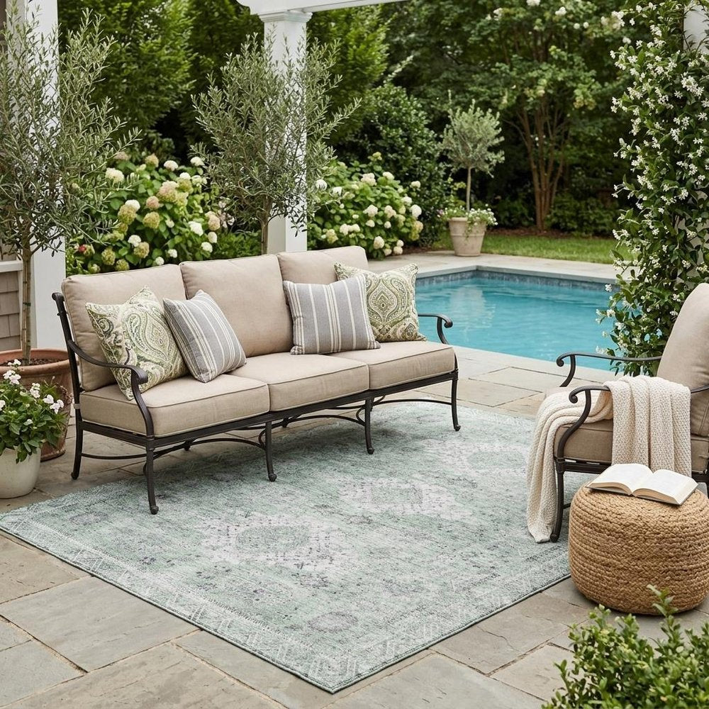 5' X 8' Mint Green And Green Oriental Washable Indoor Outdoor Area Rug HomeRoots