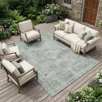 8' X 10' Mint Green And Green Oriental Washable Indoor Outdoor Area Rug HomeRoots