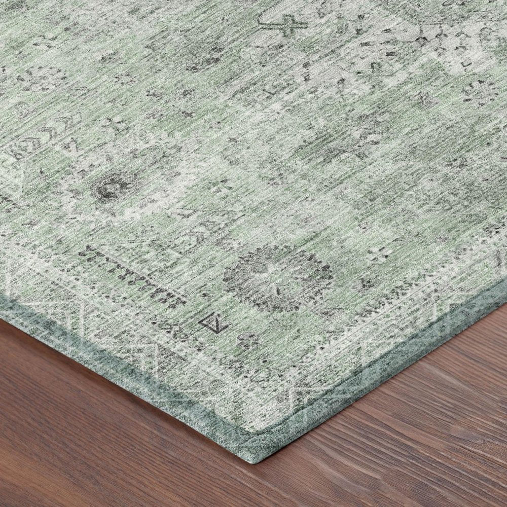 9' X 12' Mint Green And Green Oriental Washable Indoor Outdoor Area Rug