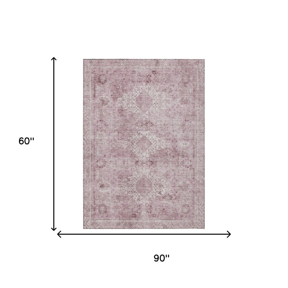 5' X 8' Pink And Blush Oriental Washable Indoor Outdoor Area Rug — view 4