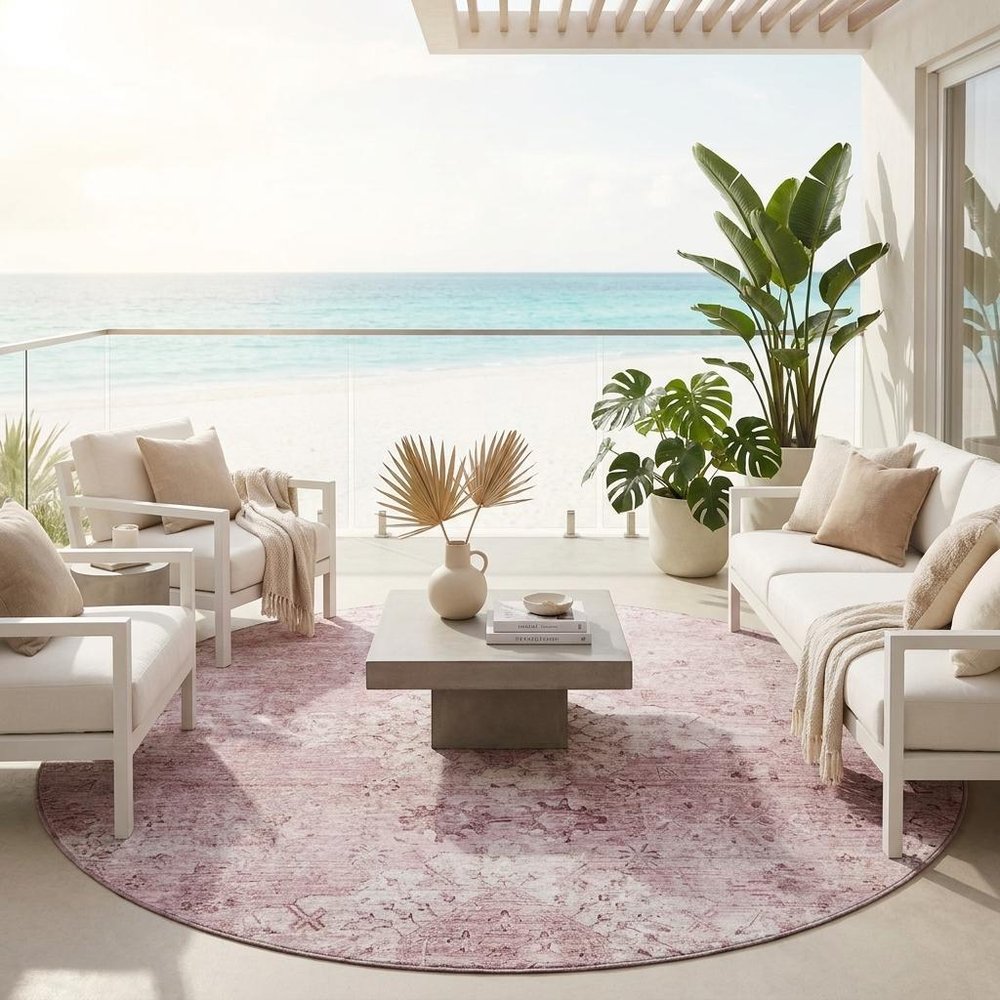 8' Pink And Blush Round Oriental Washable Indoor Outdoor Area Rug — view 5