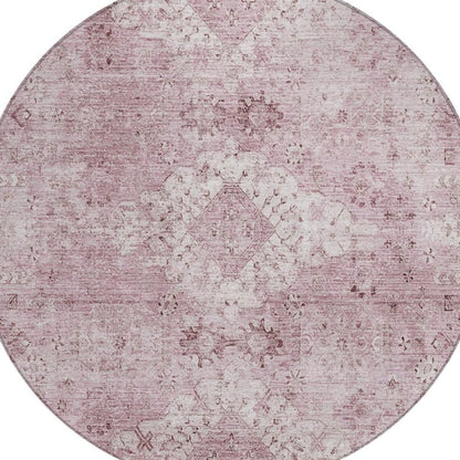 8' Pink And Blush Round Oriental Washable Indoor Outdoor Area Rug